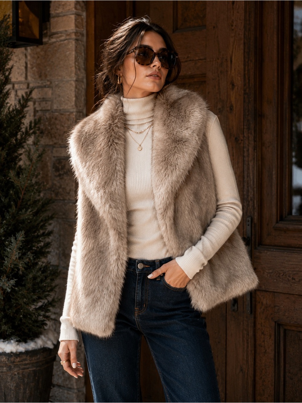 Velvet by Graham & Spencer Faux Fur Vest Taupe Beige Luxe Boho